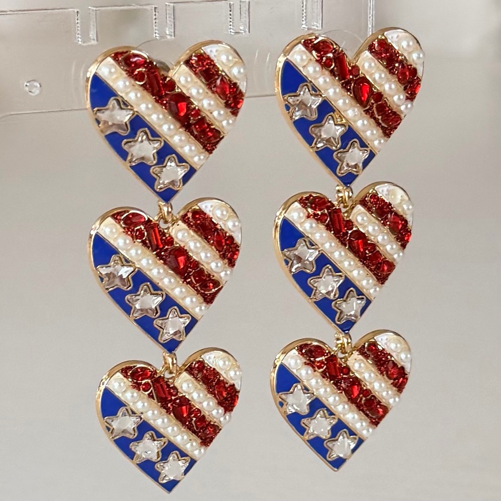 Sugarfit Patriotic American Flag Heart Earrings Set, 3"
